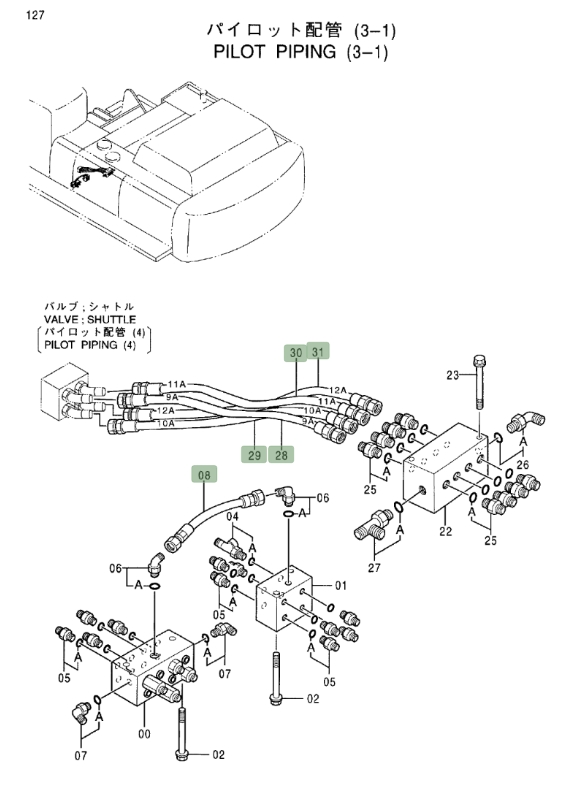 Hitachi EX550LC-5 installation diagram showing hydraulic hose 4375839 at Pipe No. 31