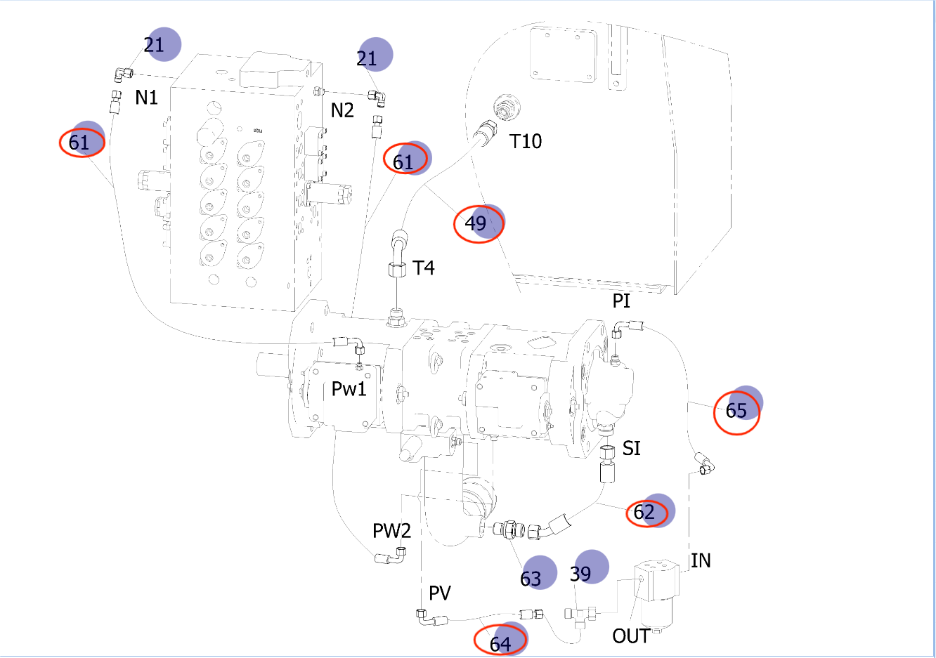 Sunward SWE135E-3H installation diagram showing hydraulic hose 730502006196 at Pipe No. 49