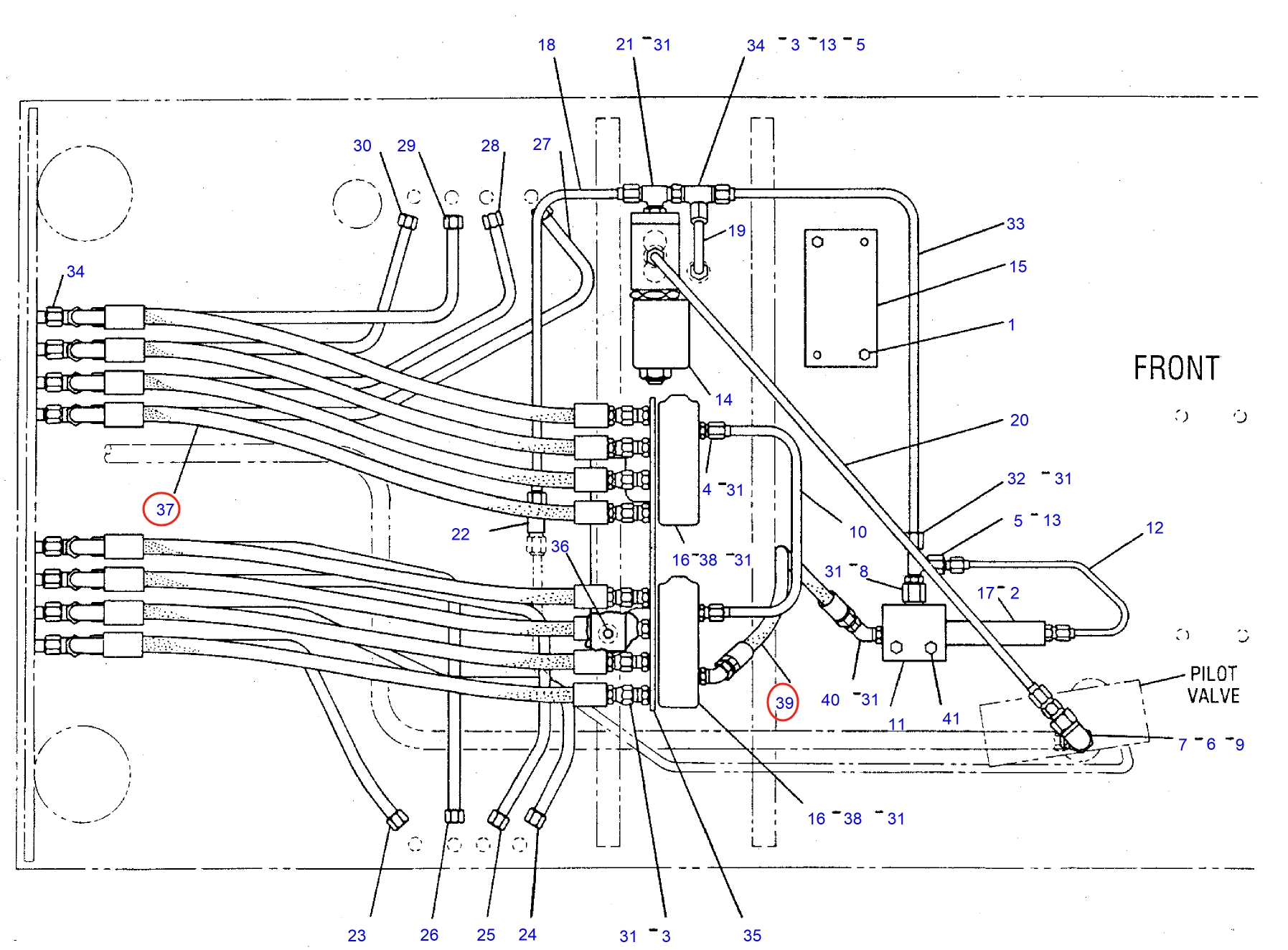 Caterpillar CAT®245D installation diagram showing hydraulic hose 7V-1038 at Pipe No. 39