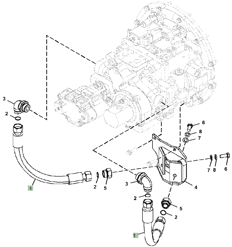 Hitachi ZX470-5A installation diagram showing hydraulic hose 4286808 at Pipe No. 1