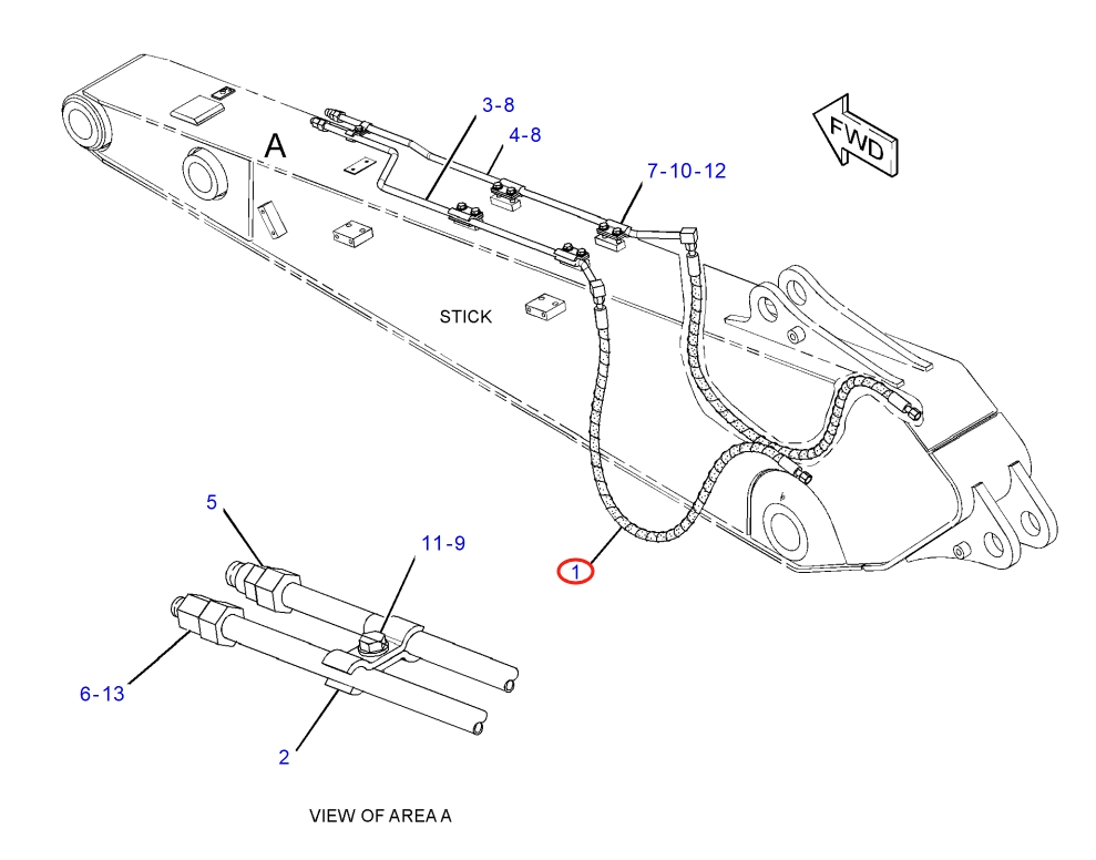 Caterpillar CAT®316F installation diagram showing hydraulic hose 177-8407 at Pipe No. 1