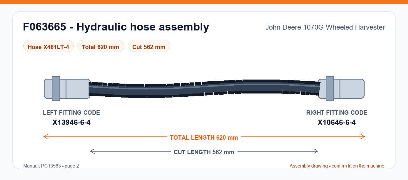F063665 hydraulic hose assembly drawing for John Deere 1070G Wheeled Harvester - 620 mm total length, left fitting X13946-6-4, right fitting X10646-6-4
