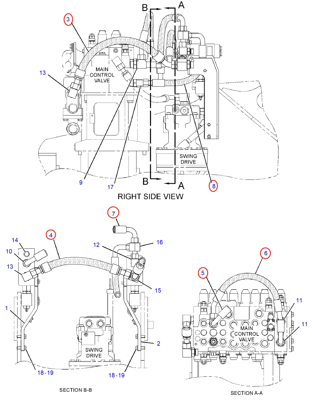 Caterpillar CAT®313F L installation diagram showing hydraulic hose 381-5866 at Pipe No. 4