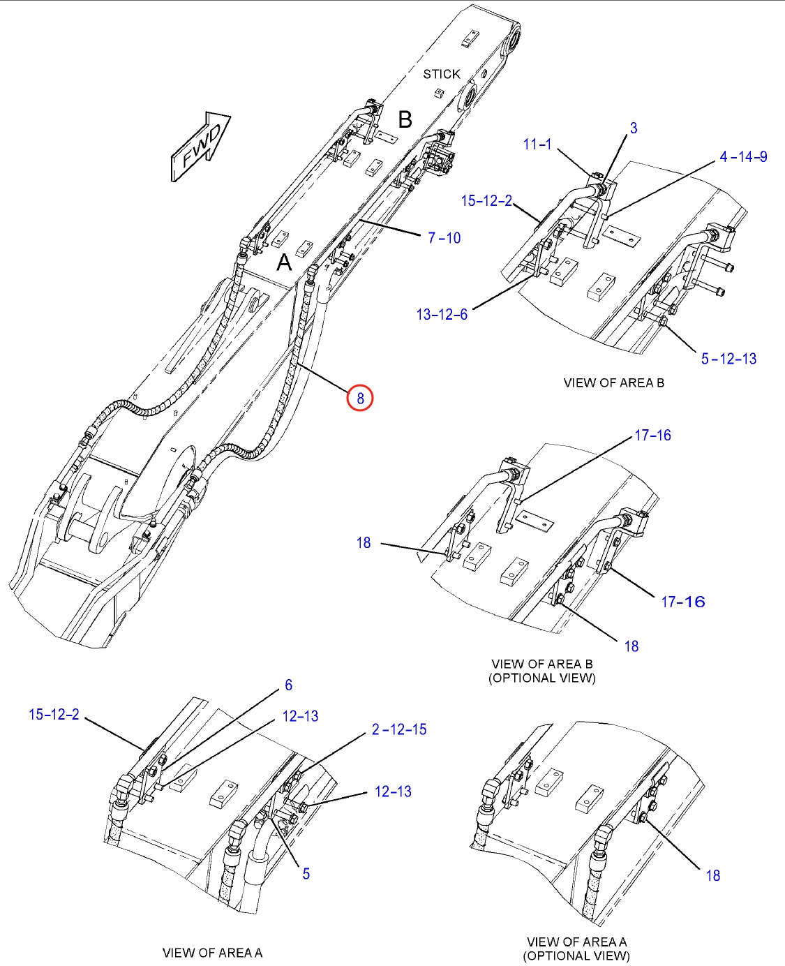 Caterpillar CAT®314F CR installation diagram showing hydraulic hose 382-7076 at Pipe No. 8