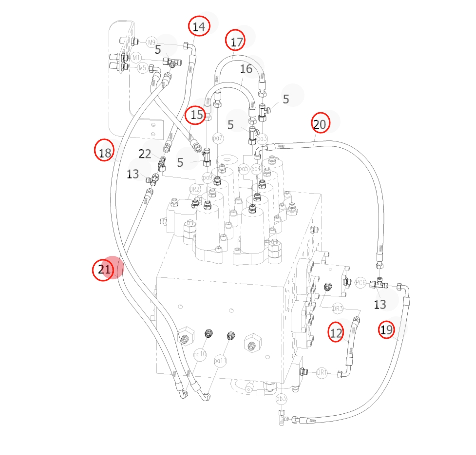 Sunward SWE400E-3H installation diagram showing hydraulic hose 730502001094 at Pipe No. 18