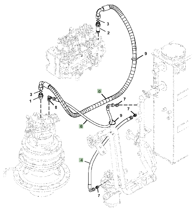Hitachi ZX345USLC-6N installation diagram showing hydraulic hose 4413313 at Pipe No. 6