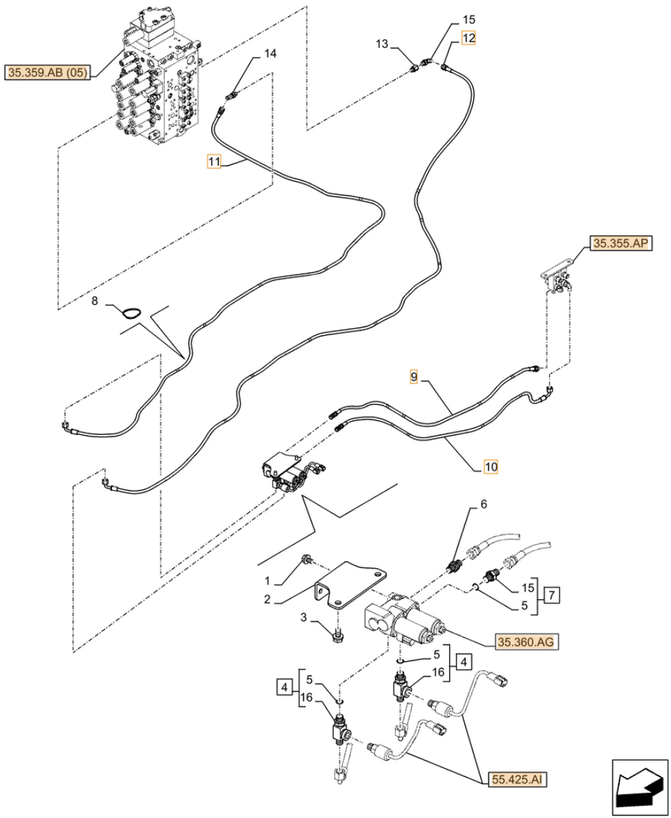 Case CX250D NLC installation diagram showing hydraulic hose KHJ16300 at Pipe No. 12