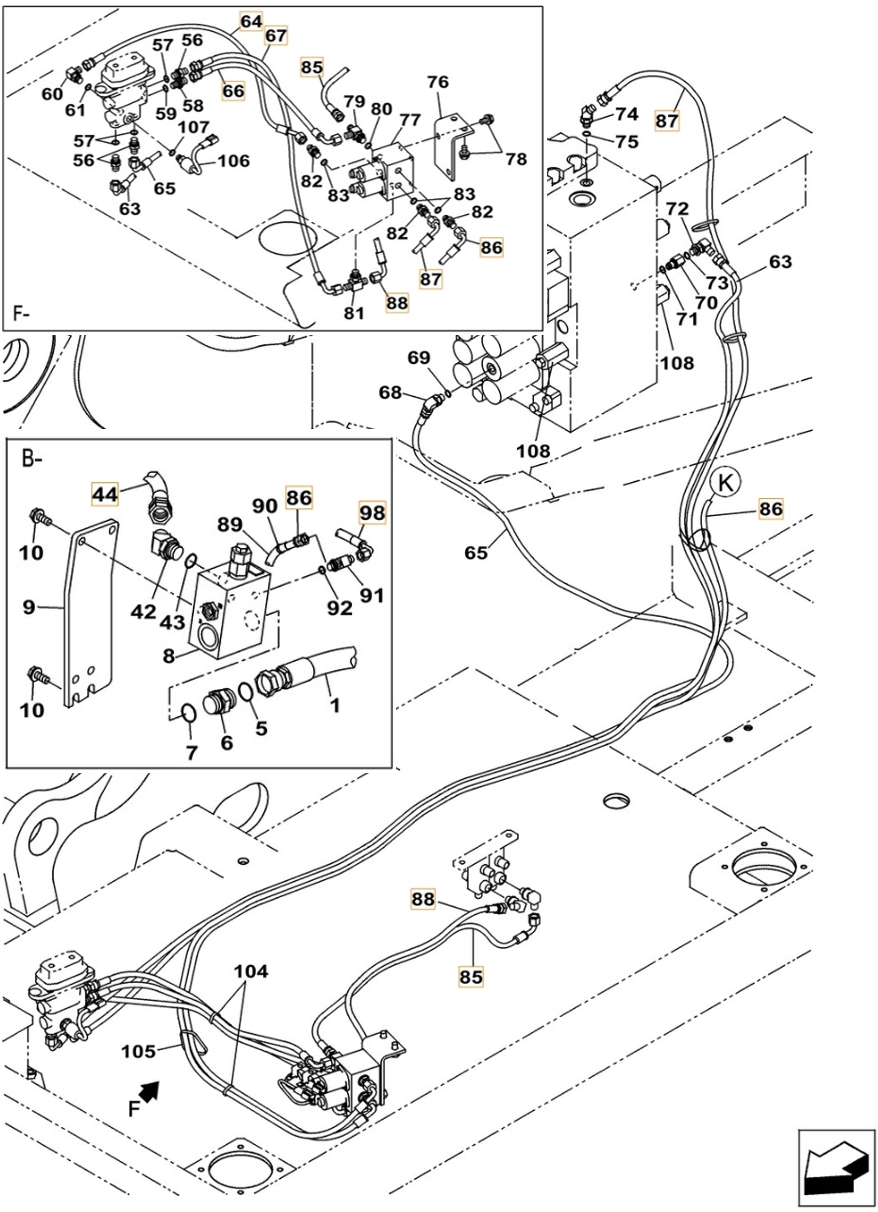 Case CX210C installation diagram showing hydraulic hose KHJ14650 at Pipe No. 64
