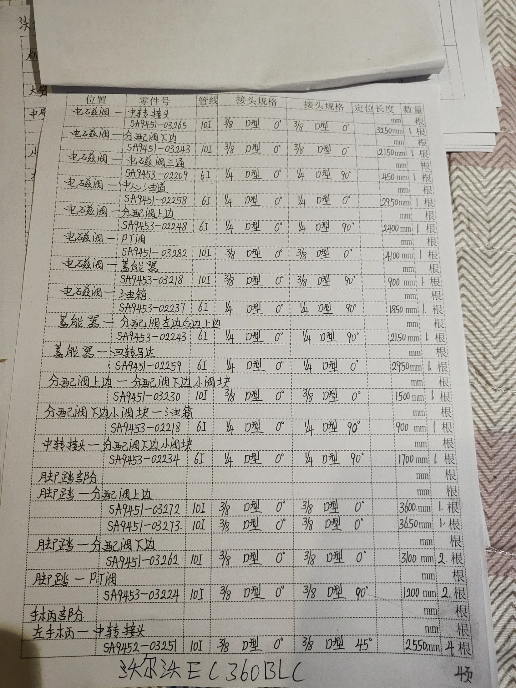 Volvo 85001--85181 hydraulic hose part numbers and recorded lengths — technician notebook page 4 of 5 — recorded hose parts SA9451-0225, SA9451-03265, SA9451-03273