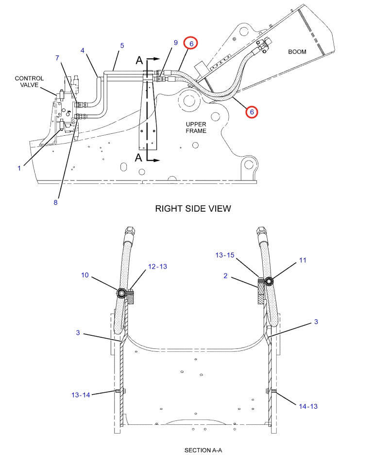 Caterpillar CAT®317B LN installation diagram showing hydraulic hose 205-9859 at Pipe No. 6