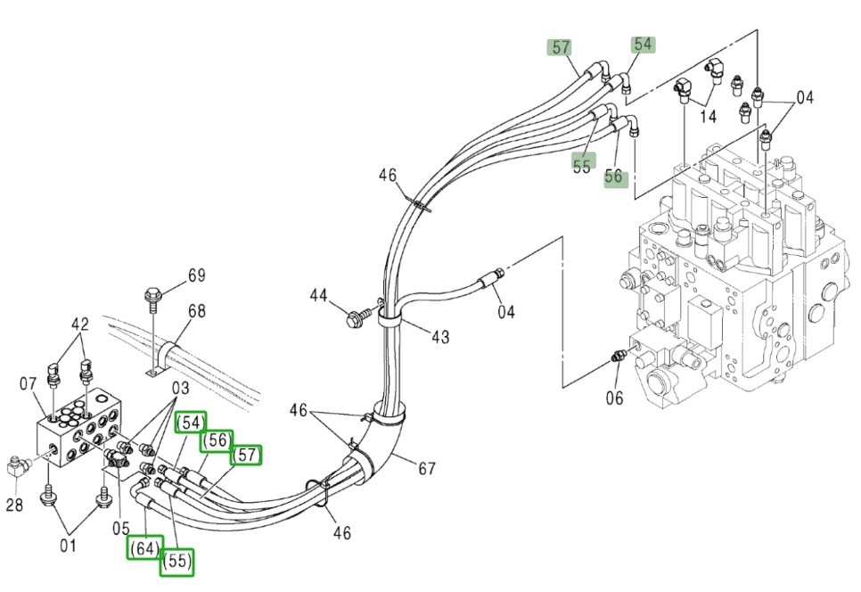 Hitachi ZX370 installation diagram showing hydraulic hose 4456548 at Pipe No. 54