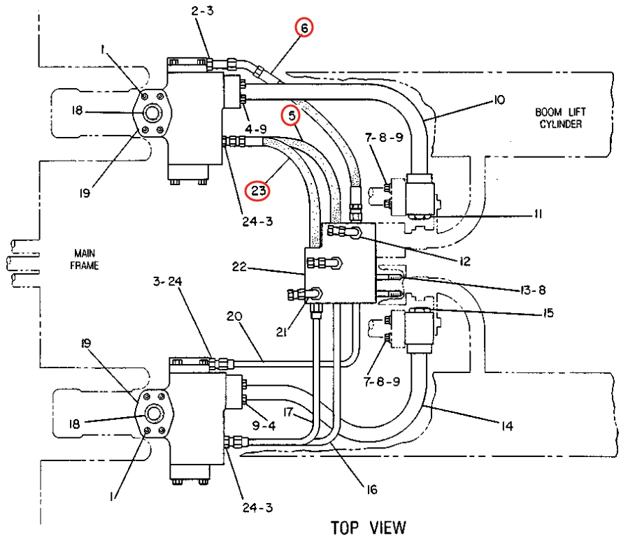 Caterpillar CAT®225D installation diagram showing hydraulic hose 7V-7377 at Pipe No. 5