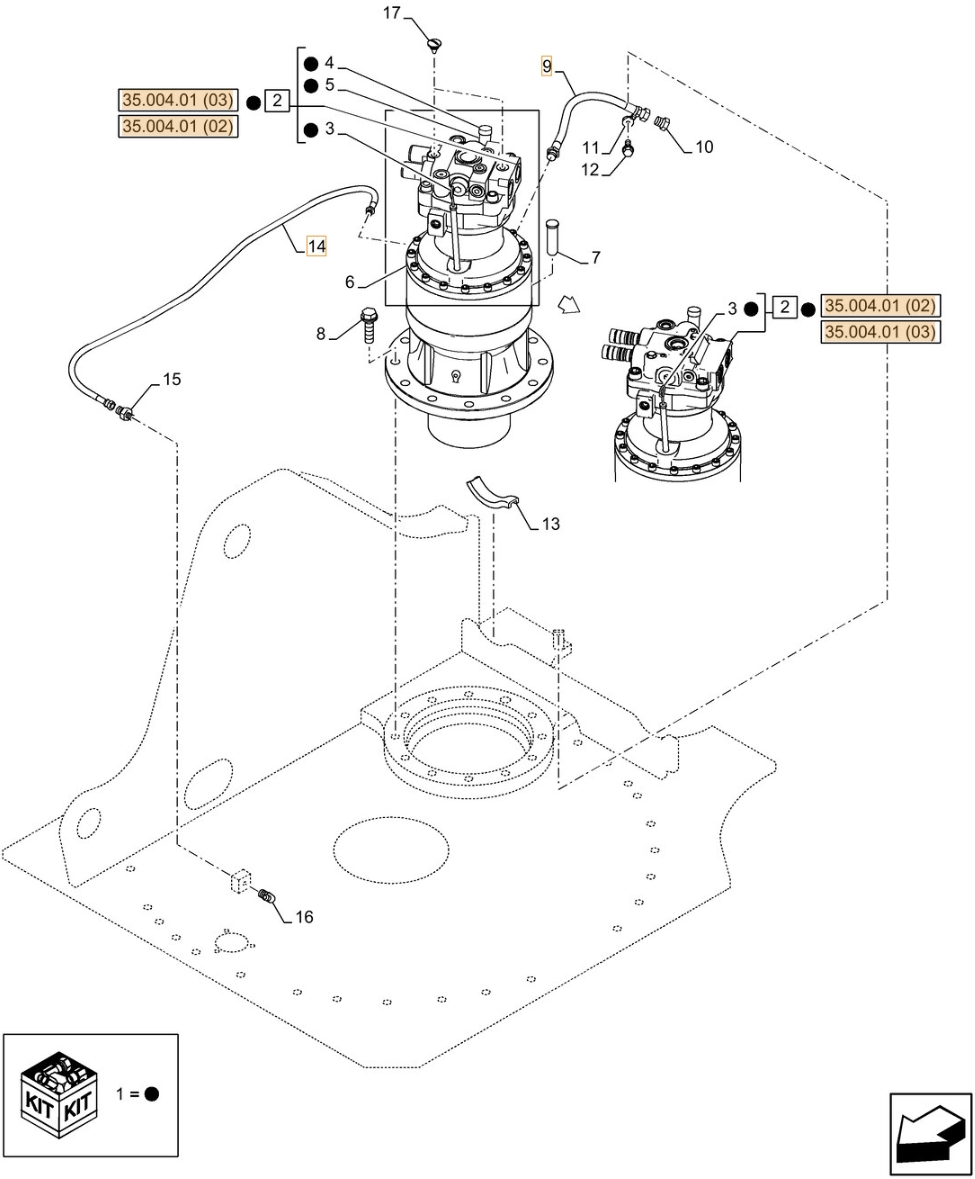 Case CX210C LC installation diagram showing hydraulic hose KHJ14930 at Pipe No. 14