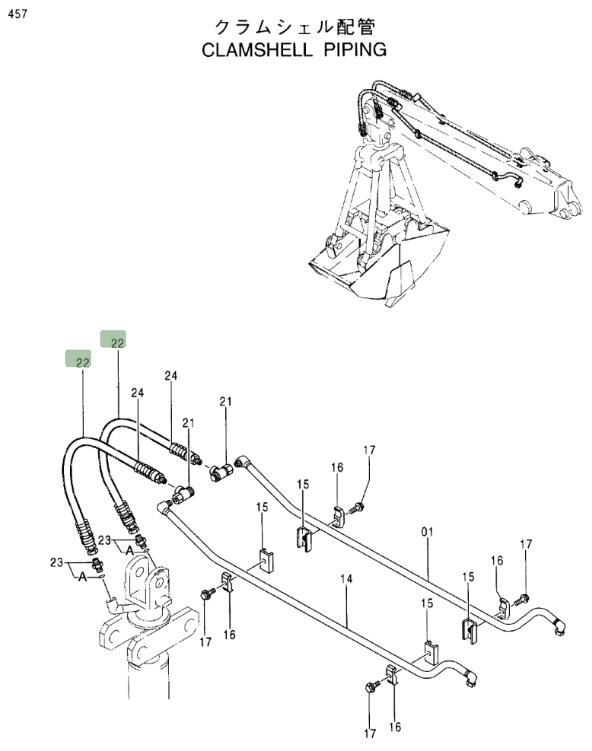 Hitachi EX100M-5 installation diagram showing hydraulic hose 4288438 at Pipe No. 22