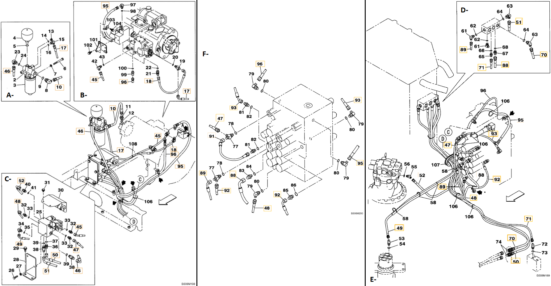 Case CX290B installation diagram showing hydraulic hose KHJ2247 at Pipe No. D89-F89