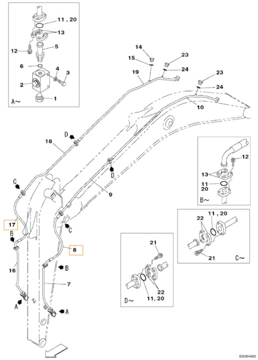 Case CX470B installation diagram showing hydraulic hose KBV15980 at Pipe No. 17