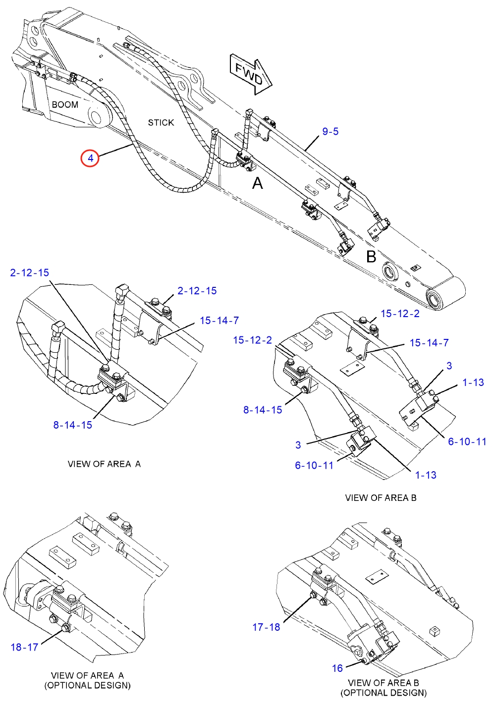 Caterpillar CAT®312D L installation diagram showing hydraulic hose 282-5755 at Pipe No. 4