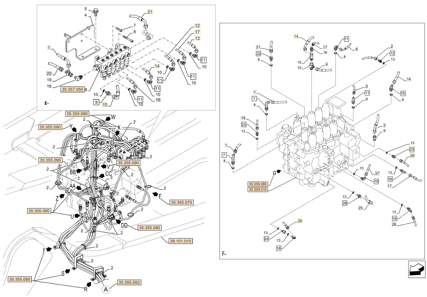 Case CX750D RTC installation diagram showing hydraulic hose KHJ2169 at Pipe No. F14-F14
