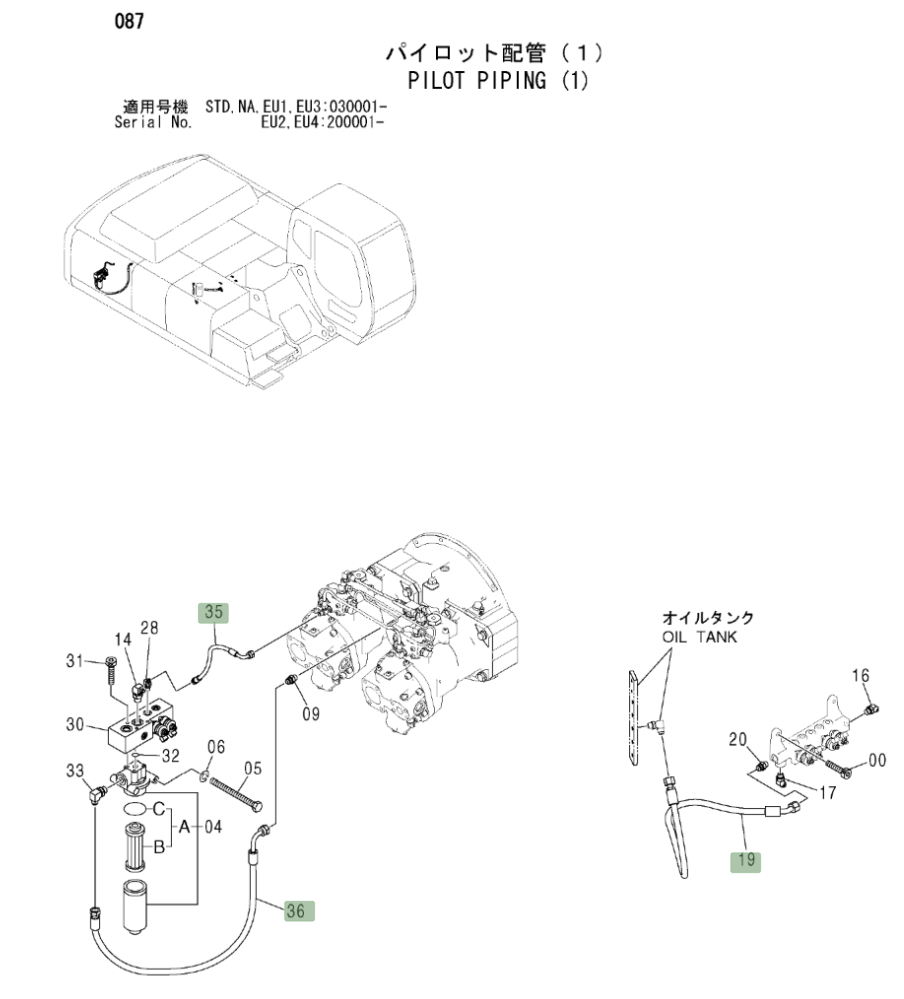 Hitachi ZX330LC installation diagram showing hydraulic hose 4436293 at Pipe No. 35