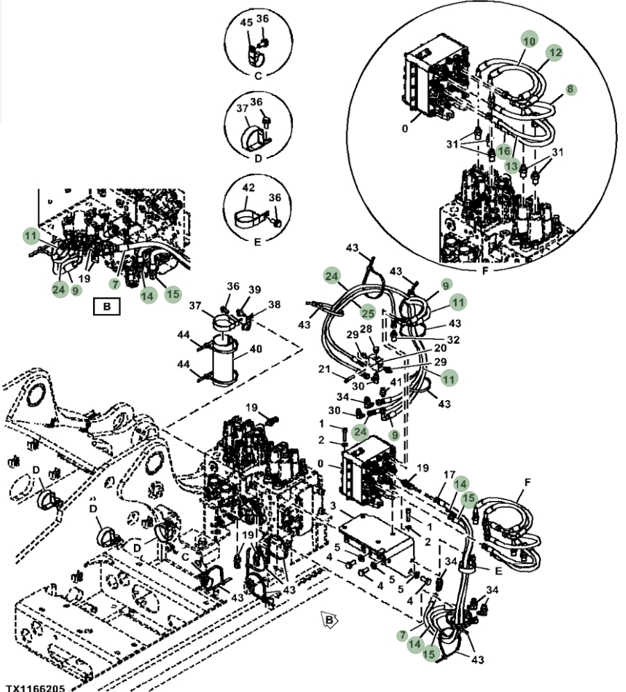 Hitachi ZX190W-5N installation diagram showing hydraulic hose 4713483 at Pipe No. 15