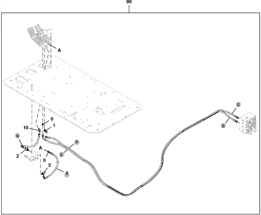 Hitachi ZX470-5A installation diagram showing hydraulic hose 4635248 at Pipe No. 9