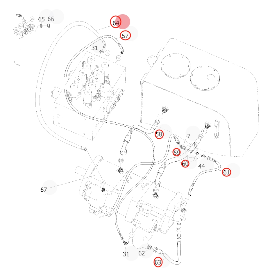 Sunward SWE365-3H installation diagram showing hydraulic hose 730502000970 at Pipe No. 64