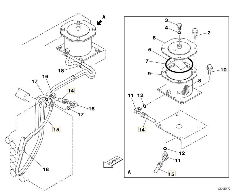 Case CX210LR installation diagram showing hydraulic hose 157853A1 at Pipe No. 14