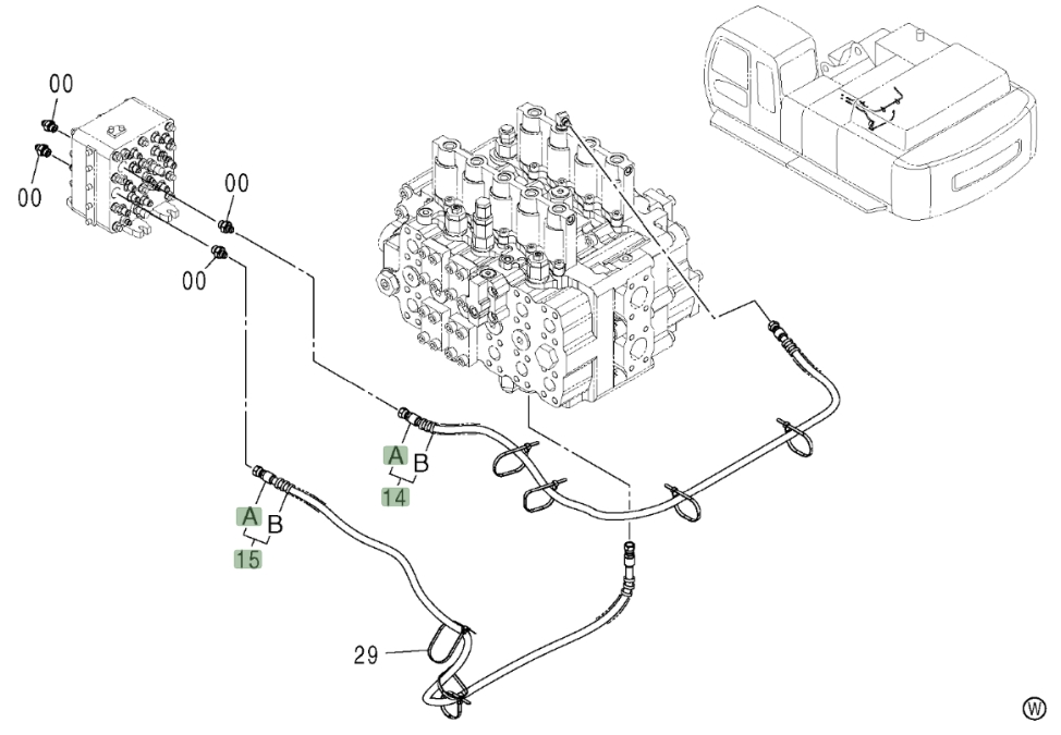 Hitachi ZX450LC installation diagram showing hydraulic hose 9211393 at Pipe No. 14