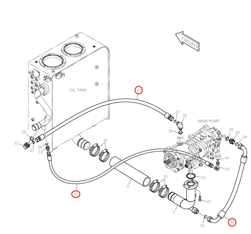 Doosan DX150LC installation diagram showing hydraulic hose DS2011112 at Pipe No. 47