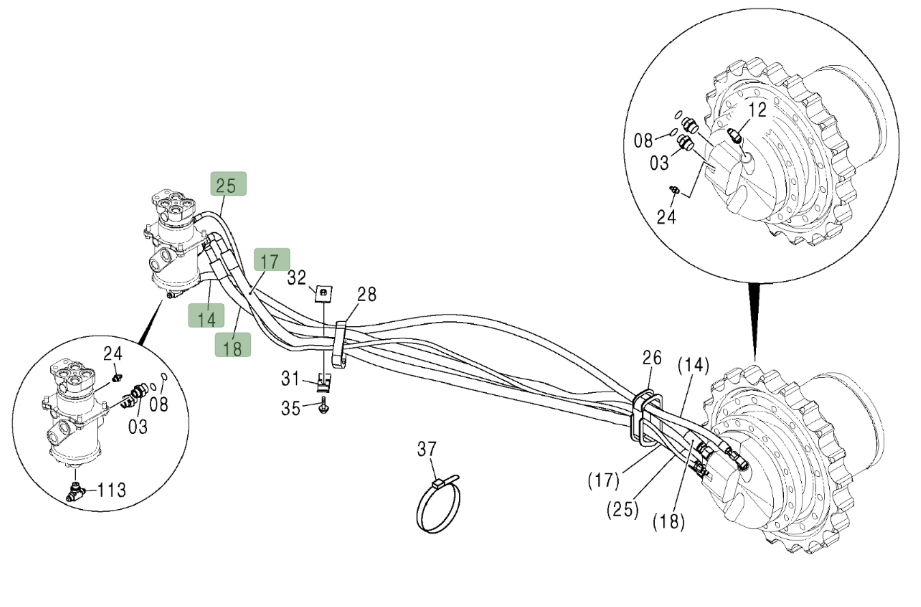 Hitachi ZX200LC installation diagram showing hydraulic hose 4262927 at Pipe No. 14