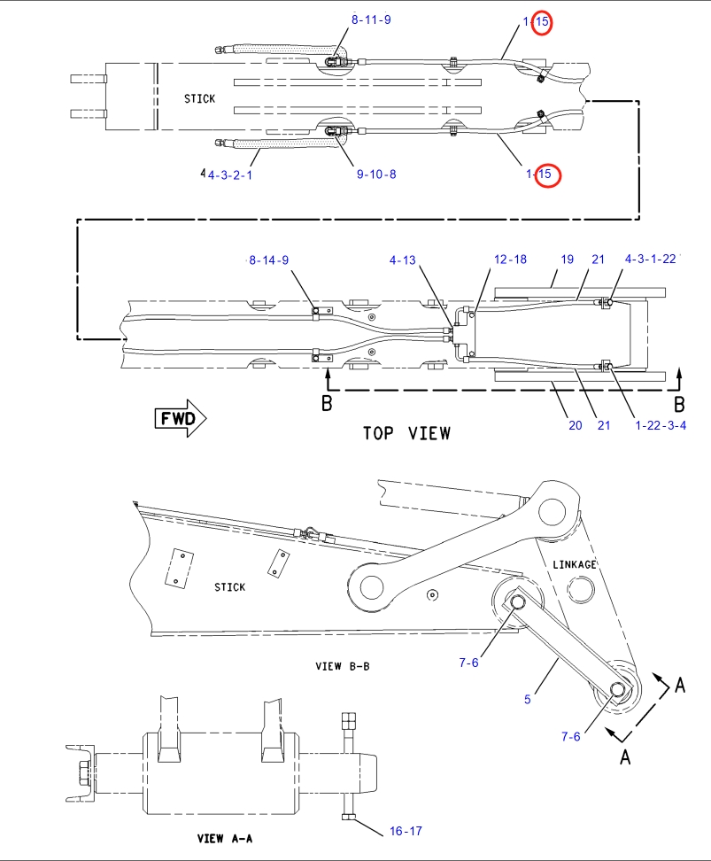 Caterpillar CAT®317B L installation diagram showing hydraulic hose 173-3789 at Pipe No. 15