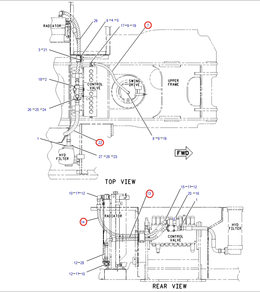 Caterpillar CAT®318B N installation diagram showing hydraulic hose 142-1040 at Pipe No. 14