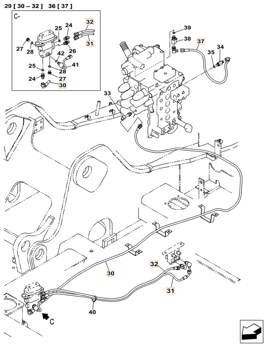 Case CX130C W/B installation diagram showing hydraulic hose KHJ2195 at Pipe No. 37