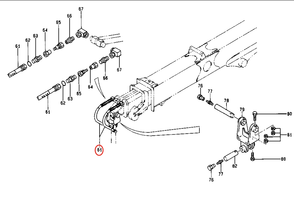 Caterpillar CAT®E200B installation diagram showing hydraulic hose 099-7034 at Pipe No. 61