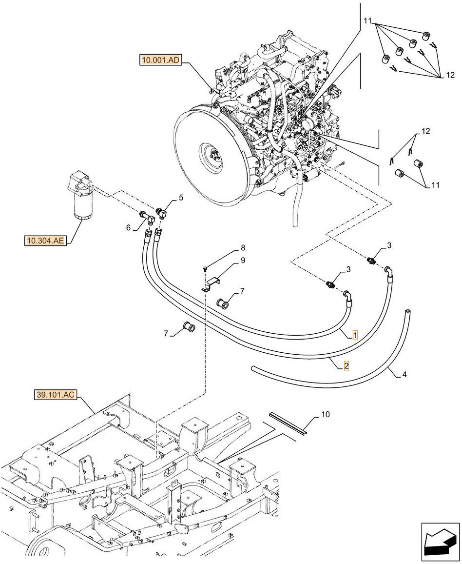 Case CX250D LC installation diagram showing hydraulic hose KBH10590 at Pipe No. 2