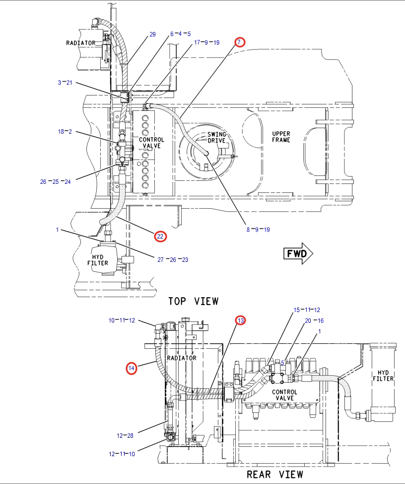 Caterpillar CAT®318B installation diagram showing hydraulic hose 142-1040 at Pipe No. 14