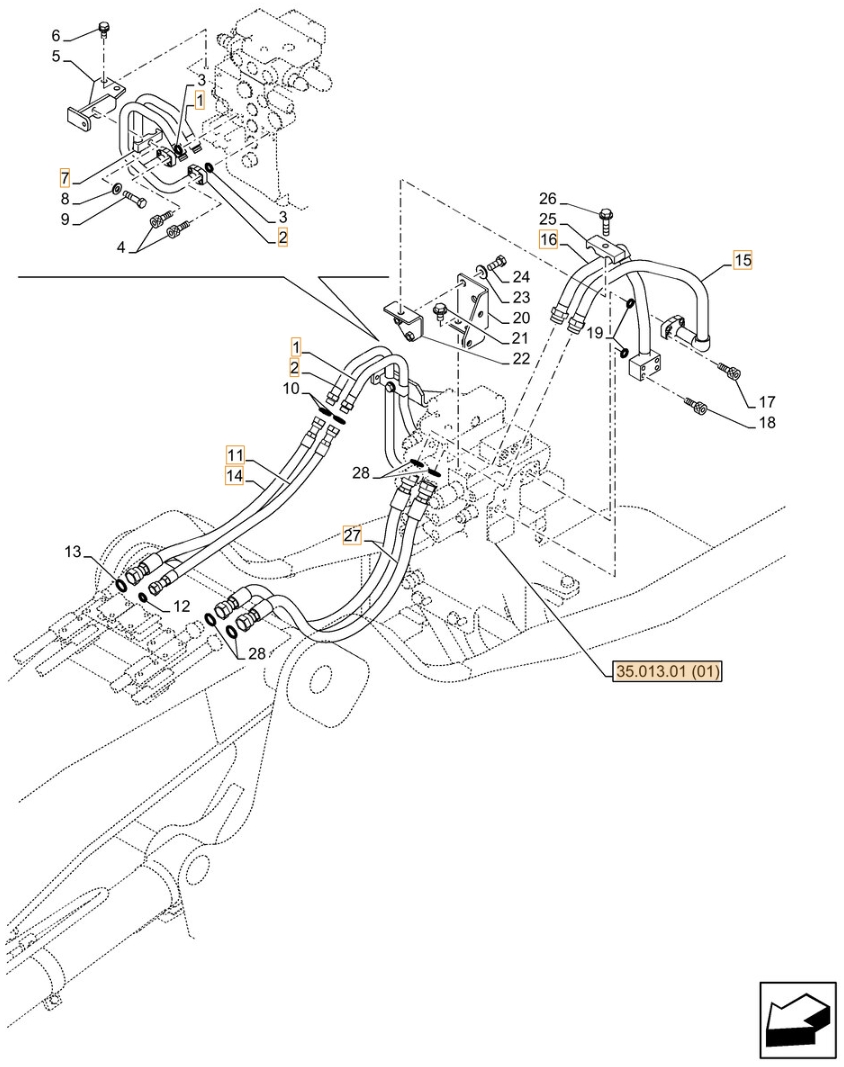 Case CX130C LC installation diagram showing hydraulic hose KNJ15690 at Pipe No. 11