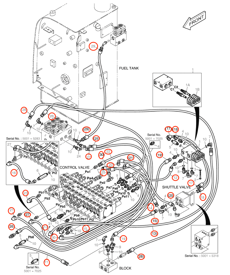 Doosan DX55W installation diagram showing hydraulic hose DS2093180 at Pipe No. 17