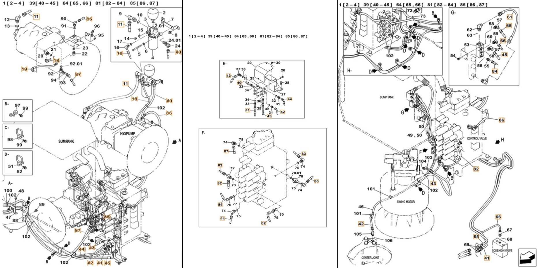 Case CX380C LC installation diagram showing hydraulic hose KHJ2309 at Pipe No. 84