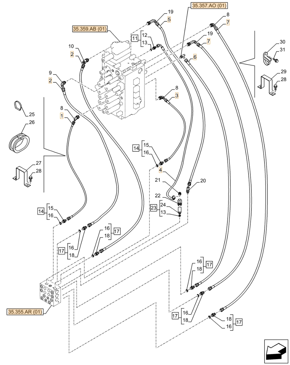 Case CX370D NLC installation diagram showing hydraulic hose KHJ13670 at Pipe No. 5