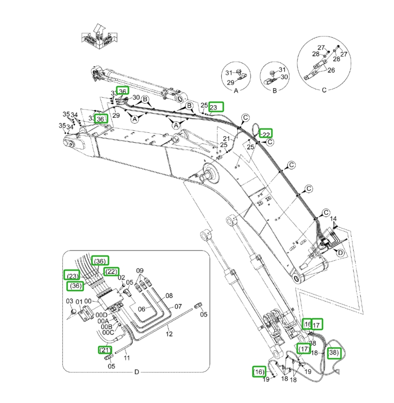 Hitachi ZX160LC-3 installation diagram showing hydraulic hose 4688951 at Pipe No. 36