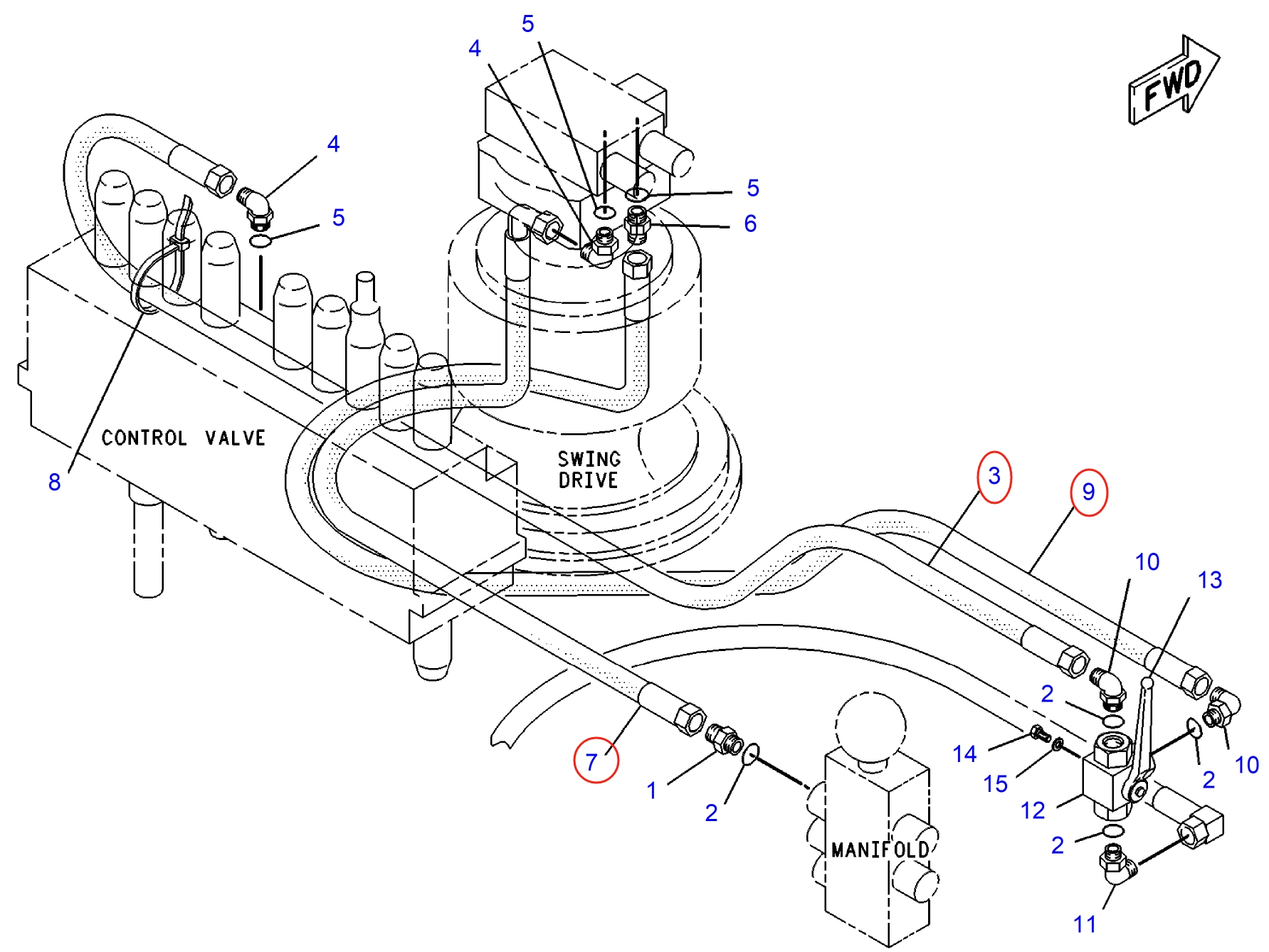 Caterpillar CAT®312-A installation diagram showing hydraulic hose 108-7228 at Pipe No. 3