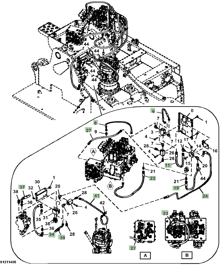 Hitachi ZX135US-6N installation diagram showing hydraulic hose 4613763 at Pipe No. 11