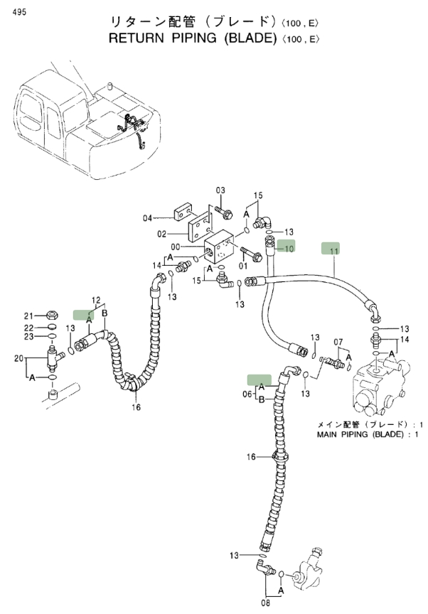Hitachi EX100M-5 installation diagram showing hydraulic hose 4378646 at Pipe No. 10