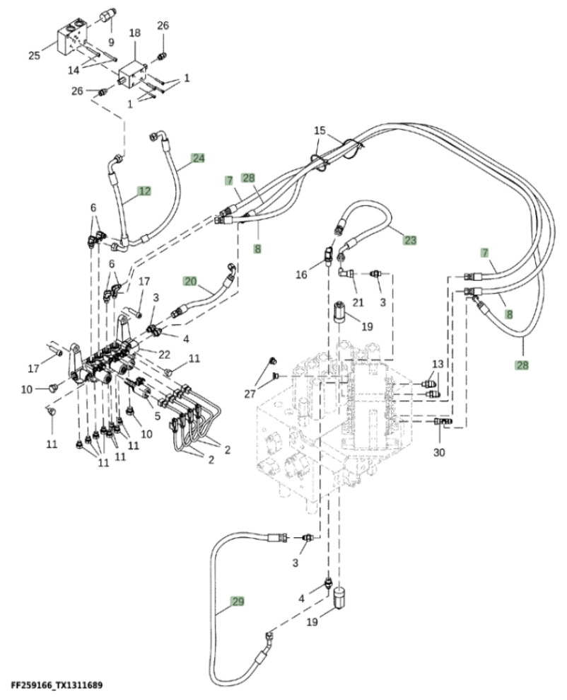 Hitachi ZX370FLC-FE-6N installation diagram showing hydraulic hose FF502640 at Pipe No. 8