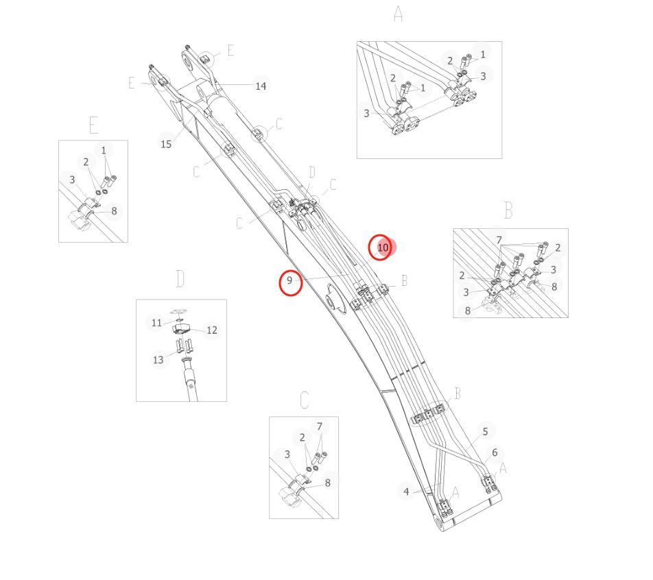 Sunward SWE155E installation diagram showing hydraulic hose 730501005407 at Pipe No. 9