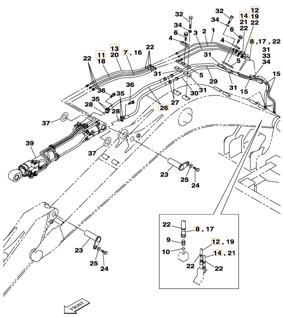 Case CX350 installation diagram showing hydraulic hose 168025A1 at Pipe No. 12