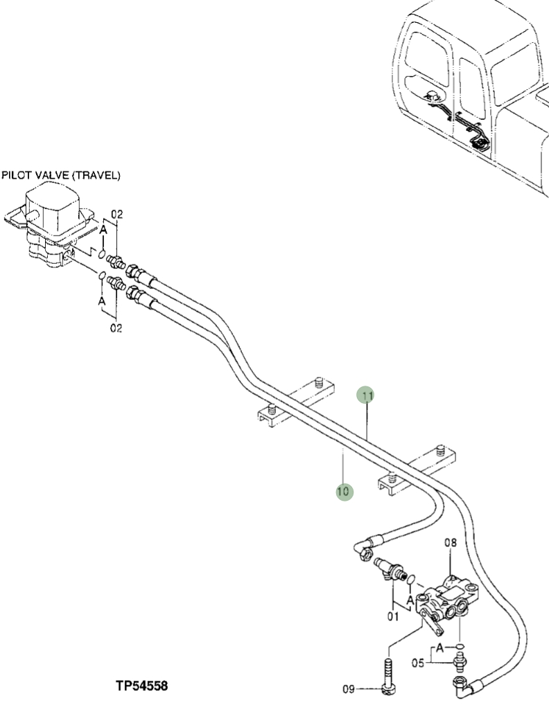 Hitachi EX110-5 installation diagram showing hydraulic hose 4346008 at Pipe No. 10