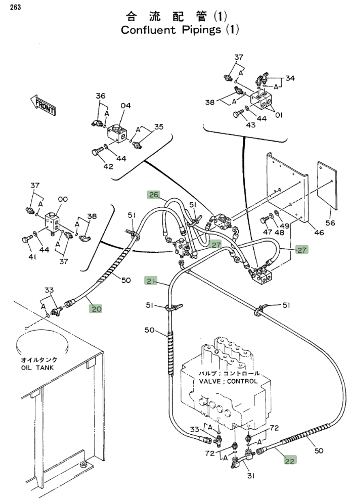 Hitachi EX200LC installation diagram showing hydraulic hose 4213401 at Pipe No. 26