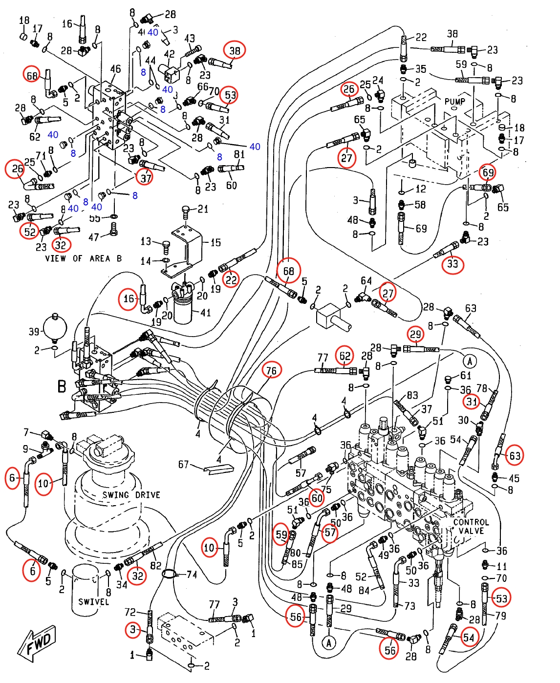 Caterpillar CAT®312-A installation diagram showing hydraulic hose 7I-0924 at Pipe No. 38